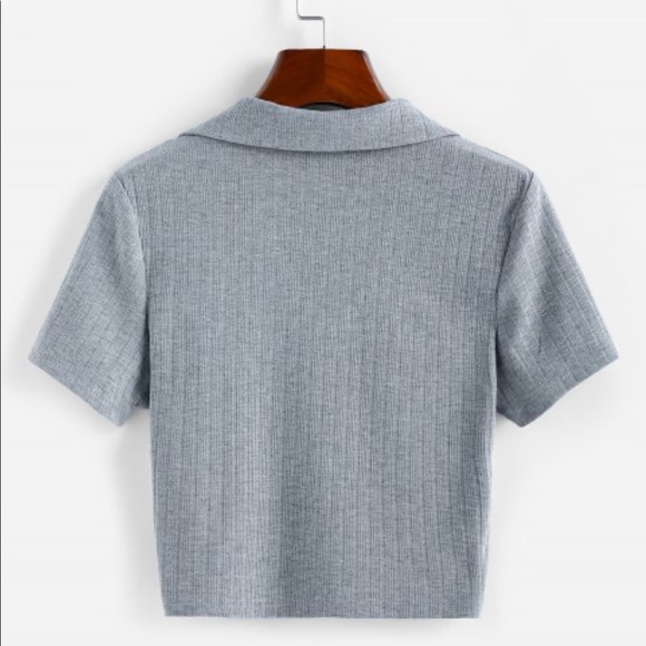 Zaful Grey Ribbed Collared T-shirt - Picture 2 of 4